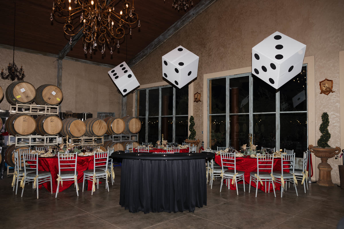 Dice on a Spark casino table set up at a Northern California winery